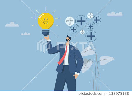 Optimism attitude or positive thinking, Emotional intelligence inspires and brings happiness in work and life, Happy businessman holding a light bulb concept smiles in a positive atmosphere. 138975188