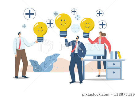 Optimism attitude or positive thinking, Emotional intelligence inspires happy co-workers and life, Happy business men and coworkers holding light bulb concepts smiling in a positive atmosphere. Optimism attitude or positive thinking, Emotional intelligence inspires happy co-workers and life, Happy business men and coworkers holding light bulb concepts smiling in a positive atmosphere. 138975189