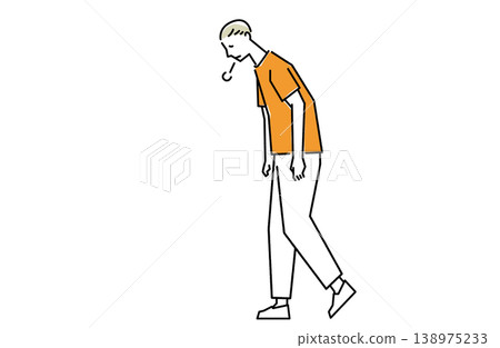 A man walks with a hunched back, sighing. A man walks with a hunched back, sighing. 138975233