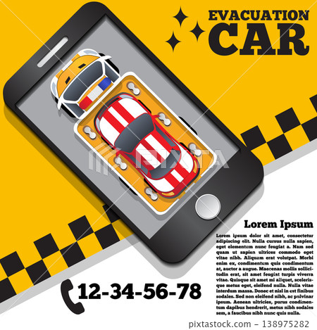 Evacuation car in the form of a mobile application. View from above. Template design presentation. Evacuation car in the form of a mobile application. View from above. Template design presentation. 138975282
