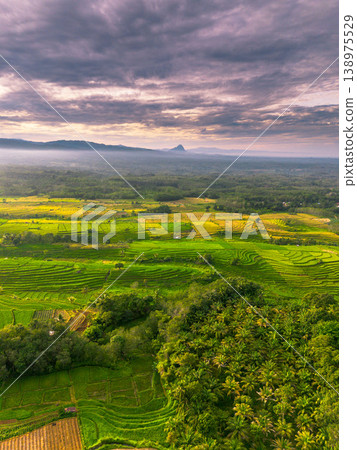 Beautiful morning view in Indonesia, panoramic landscape of rice fields with mountain ranges and clear sky Beautiful morning view in Indonesia, panoramic landscape of rice fields with mountain ranges and clear sky 138975529