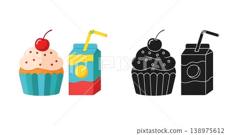 Colorful Cupcake and Juice Box Graphic Illustration Set Colorful Cupcake and Juice Box Graphic Illustration Set 138975612