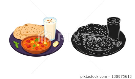 Traditional Indian Cuisine Meal with Curry Flatbread and Refreshing Drink Traditional Indian Cuisine Meal with Curry Flatbread and Refreshing Drink 138975613