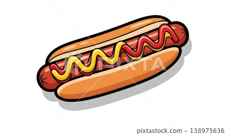 Classic American Hot Dog with Mustard and Ketchup Illustration Classic American Hot Dog with Mustard and Ketchup Illustration 138975636