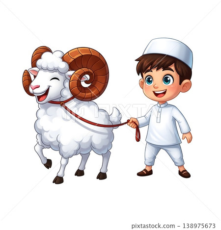 Happy Muslim Boy Leading Ram for Eid Celebration Happy Muslim Boy Leading Ram for Eid Celebration 138975673