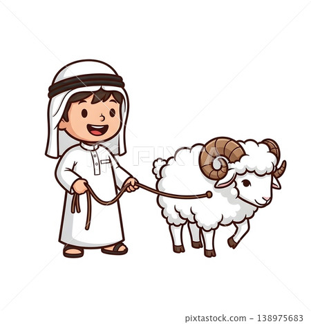 Cheerful Young Boy Guiding Ram for Festive Occasion Cheerful Young Boy Guiding Ram for Festive Occasion 138975683