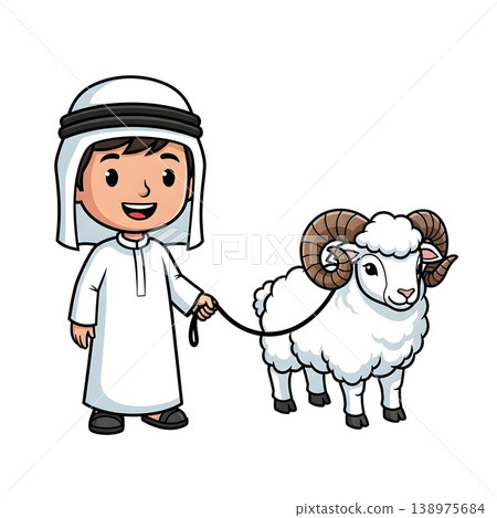 Happy Muslim Boy With Ram For Sacrifice Celebration Happy Muslim Boy With Ram For Sacrifice Celebration 138975684