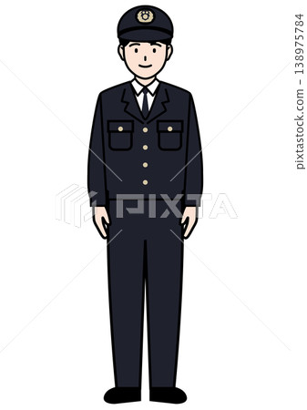 身著制服的警察站立的全身向量插圖。 身著制服的警察站立的全身向量插圖。 138975784