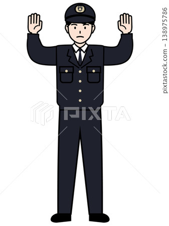 警察舉起雙手,大聲命令某人停止行動的全身向量插圖。 警察舉起雙手,大聲命令某人停止行動的全身向量插圖。 138975786