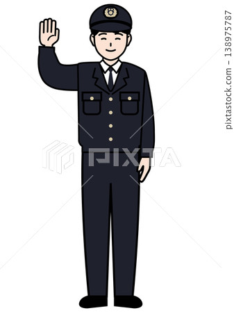 警官面帶微笑地舉起手的向量插圖。 138975787