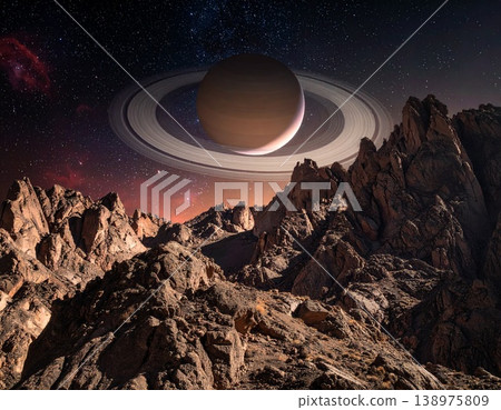 [人工智慧生成的圖像] 太空世界：從外星恆星看到的優美環狀行星。 138975809