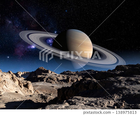 [人工智慧生成的圖像] 太空世界：從外星恆星看到的優美環狀行星。 138975813