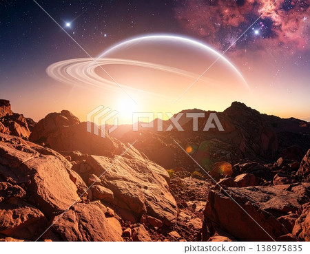 [人工智慧生成的圖像] 太空世界：從外星恆星看到的優美環狀行星。 138975835