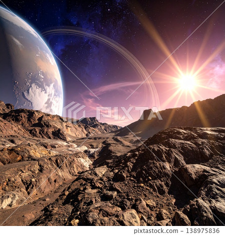 [人工智慧生成的圖像] 太空世界：從外星恆星看到的優美環狀行星。 138975836