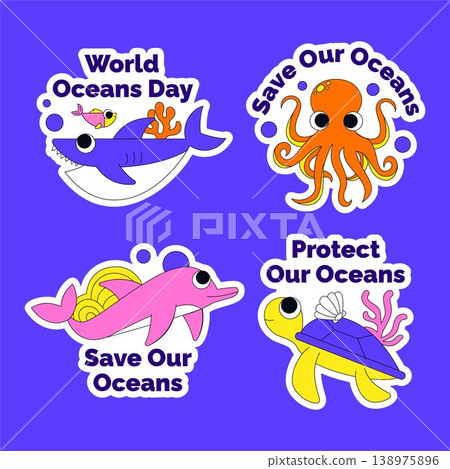 Flat Cartoon Hand Drawn Label Illustration Social Media World Ocean Day Flat Cartoon Hand Drawn Label Illustration Social Media World Ocean Day 138975896