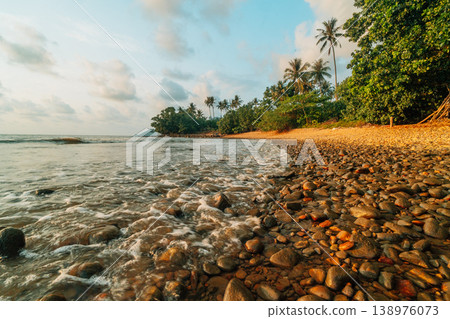 Golden Sunset Over a Tropical Rocky Beach with Palm Trees and Crashing Waves 138976073