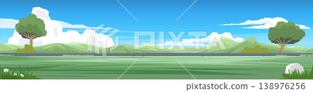 Landscape side view of a smooth asphalt road running parallel to a vast grassland. Trees flanking the left and right sides of free space meadow. Mountain with white clouds and blue sky background. Landscape side view of a smooth asphalt road running parallel to a vast grassland. Trees flanking the left and right sides of free space meadow. Mountain with white clouds and blue sky background. 138976256