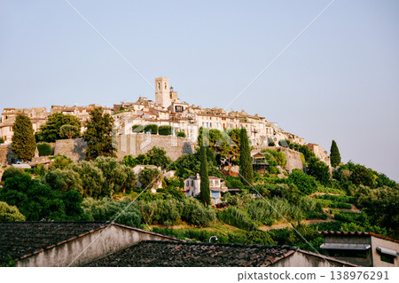 Saint Paul de Vence hill town with green terraces under clear sky Saint Paul de Vence hill town with green terraces under clear sky 138976291