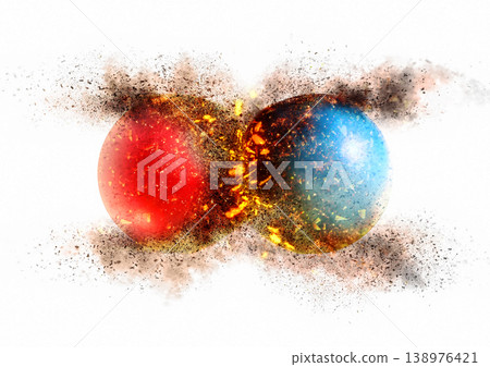 An abstract background featuring red and blue spheres colliding and exploding. 138976421