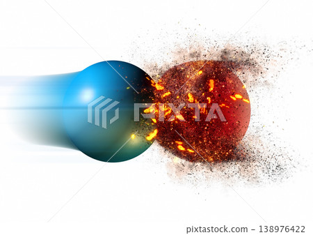 An abstract background featuring red and blue spheres colliding and exploding. An abstract background featuring red and blue spheres colliding and exploding. 138976422