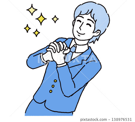 A color illustration of a businessman praying with his hands clasped together and a smile on his face. A color illustration of a businessman praying with his hands clasped together and a smile on his face. 138976531
