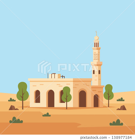 Courtyard Mosque Under Pale Horizon Flat Design Courtyard Mosque Under Pale Horizon Flat Design 138977184
