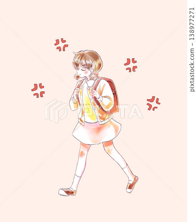 A female elementary school student walking with her schoolbag on her back gets angry. A female elementary school student walking with her schoolbag on her back gets angry. 138977271