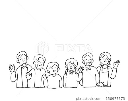 一幅描繪人們微笑揮手的線條畫(老人、兒童、醫護人員)。 一幅描繪人們微笑揮手的線條畫(老人、兒童、醫護人員)。 138977373