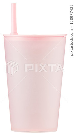 A pink plastic tumbler with a straw cut out from a white background. A pink plastic tumbler with a straw cut out from a white background. 138977423
