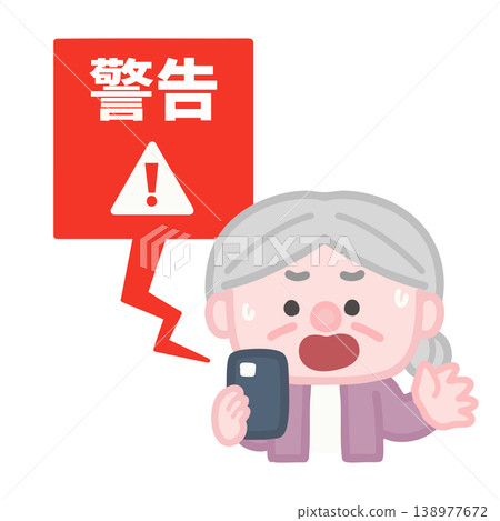 An elderly woman panics at her smartphone's warning screen. 138977672