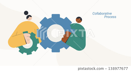 Flat business teamwork illustration showing people holding gears to represent collaborative process, workflow management, partnership and team problem solving element. 138977677
