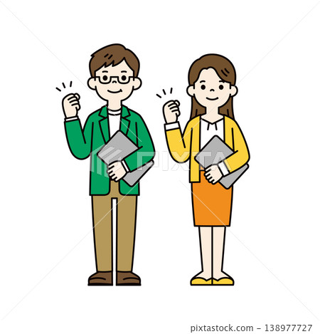 A set of full-body vector illustrations of young men and women, couples, and married couples making a victory pose while holding a laptop. 138977727