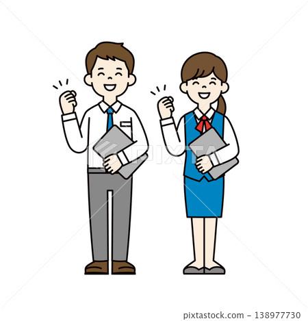 Full-body vector illustration of a businessman making a victory pose with a laptop and an office worker in uniform. 138977730