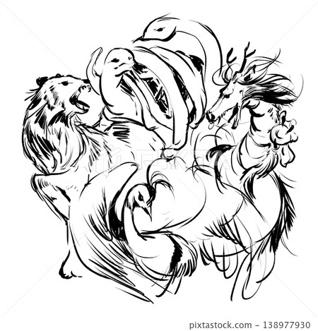 Black and white illustration of the Four Divine Beasts 138977930