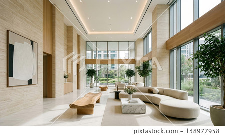Modern Luxury Hotel Lobby Interior with Minimalist Furniture and Large Windows 138977958
