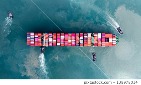 Container ship carrying container for import and export, business logistic and transportation by container ship boat in open sea, Aerial view container ship with copy space for design banner web Container ship carrying container for import and export, business logistic and transportation by container ship boat in open sea, Aerial view container ship with copy space for design banner web 138978014
