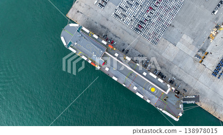 Aerial view cargo vehicles car carrier at import export cars terminal seaport, Vehicle car carrier vessel loading cars for shipping to worldwide, Automotive industry distribution logistic transport 138978015
