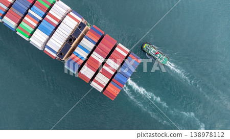 Container ship carrying container for import and export, business logistic and transportation by container ship boat in open sea, Aerial view container ship with copy space for design banner web Container ship carrying container for import and export, business logistic and transportation by container ship boat in open sea, Aerial view container ship with copy space for design banner web 138978112