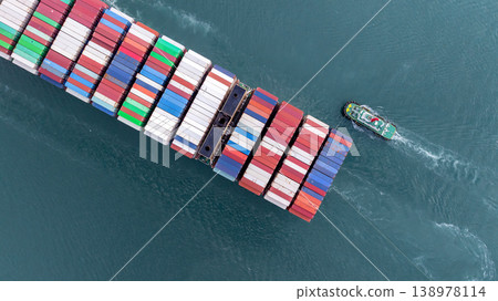 Container ship carrying container for import and export, business logistic and transportation by container ship boat in open sea, Aerial view container ship with copy space for design banner web 138978114