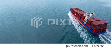 Aerial view container cargo ship carrier container on sea, Global business logistics transportation by container cargo ship, Container cargo ship freight shipping import export supply chain. Aerial view container cargo ship carrier container on sea, Global business logistics transportation by container cargo ship, Container cargo ship freight shipping import export supply chain. 138978309
