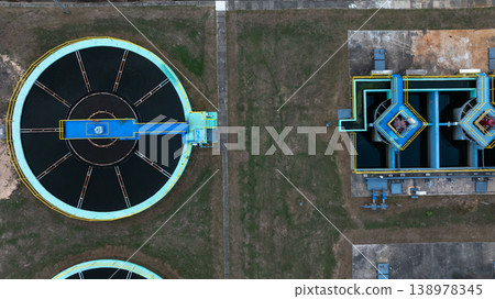 Aerial view circular clarifier tank at watewater treatment plant, Industrial infrastucture, Environment technology sustainable water management system, Semimentation tank circular clarifier. 138978345