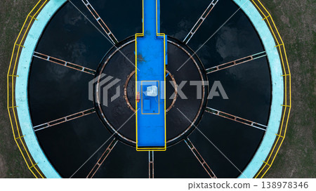 Aerial view circular clarifier tank at watewater treatment plant, Industrial infrastucture, Environment technology sustainable water management system, Semimentation tank circular clarifier. 138978346