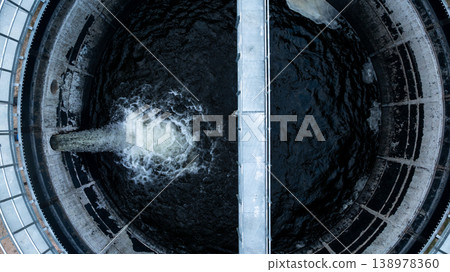 Aerial view circular clarifier tank at watewater treatment plant, Industrial infrastucture, Environment technology sustainable water management system, Semimentation tank circular clarifier. 138978360
