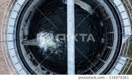 Aerial view circular clarifier tank at watewater treatment plant, Industrial infrastucture, Environment technology sustainable water management system, Semimentation tank circular clarifier. 138978361