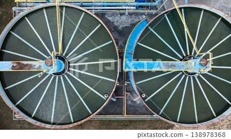 Aerial view circular clarifier tank at watewater treatment plant, Industrial infrastucture, Environment technology sustainable water management system, Semimentation tank circular clarifier. 138978368