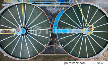 Aerial view circular clarifier tank at watewater treatment plant, Industrial infrastucture, Environment technology sustainable water management system, Semimentation tank circular clarifier. 138978370