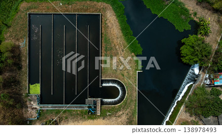 Aerial view wastewater treatment plant. Circular sedimentation tanks biological reactor, Water cleaning facility wastewater treatment plant, Recirculation solid contact clarifier sedimentation tank. Aerial view wastewater treatment plant. Circular sedimentation tanks biological reactor, Water cleaning facility wastewater treatment plant, Recirculation solid contact clarifier sedimentation tank. 138978493
