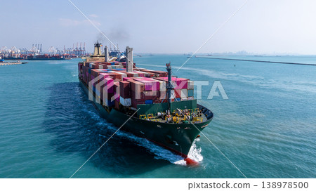 Aerial view container cargo ship carrying container in import export business logistic and transportation of international by container cargo ship, Container cargo ship freight shipping supply chain 138978500