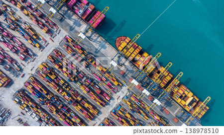 Aerial view Container cargo ship loading unloading container import export sea port, Global trade business container cargo ship freight shipping commercial trade logistic transportation international. 138978510