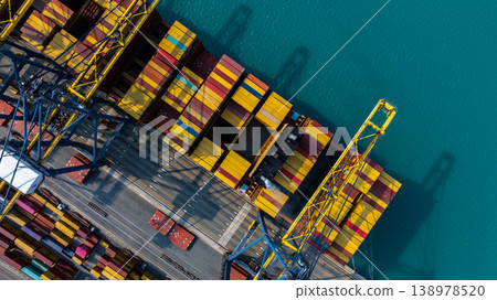 Aerial view Container cargo ship loading unloading container import export sea port, Global trade business container cargo ship freight shipping commercial trade logistic transportation international. 138978520
